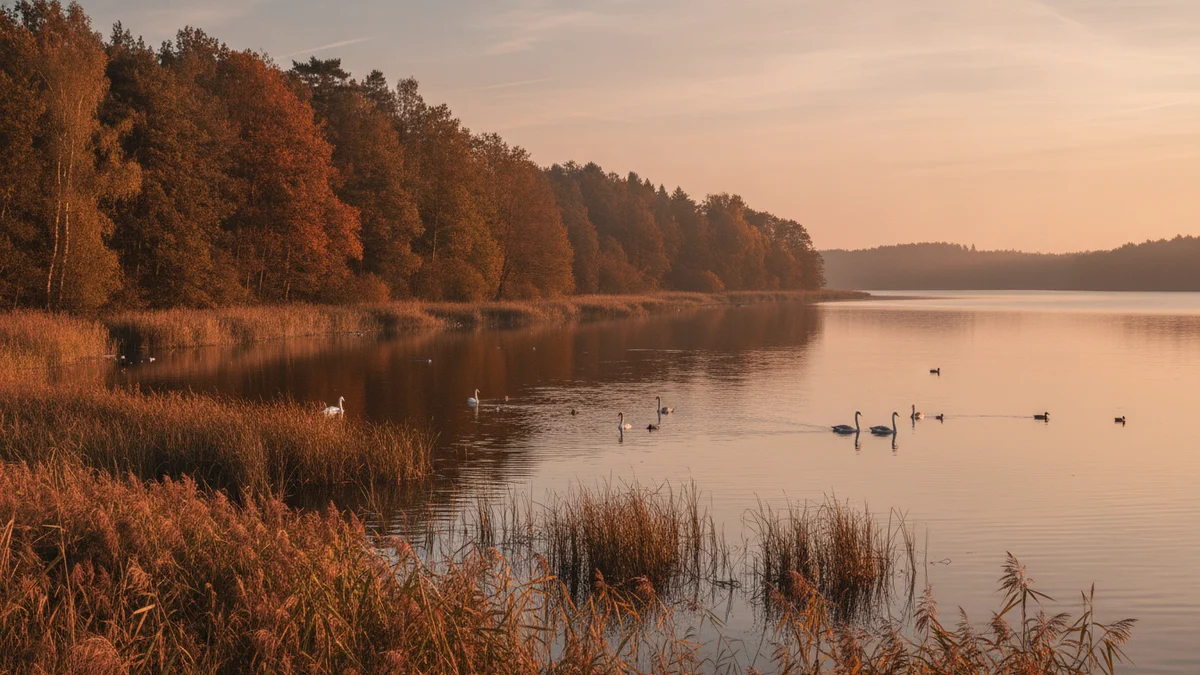 Klidné jezero s rákosím a stromy na poloostrově