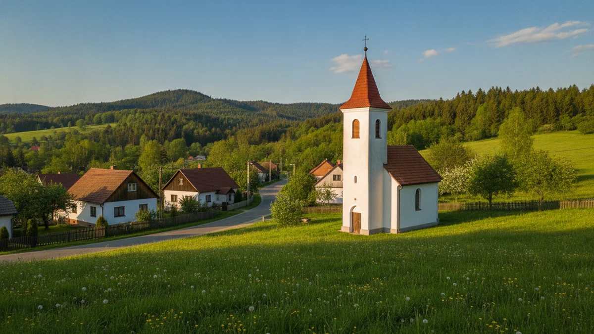 Malá kaple u silnice v podhorské vesnici s kopci v pozadí