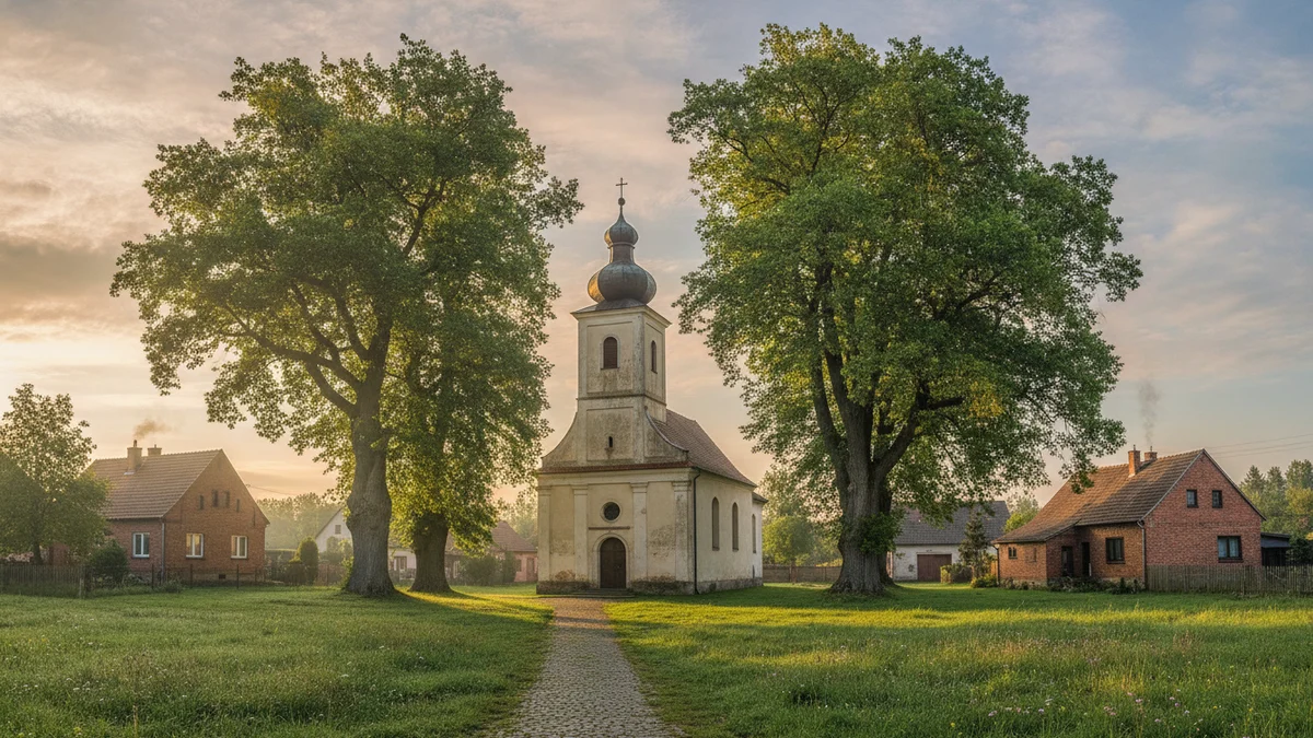 Venkovský kostel s věží mezi stromy a rodinnými domy