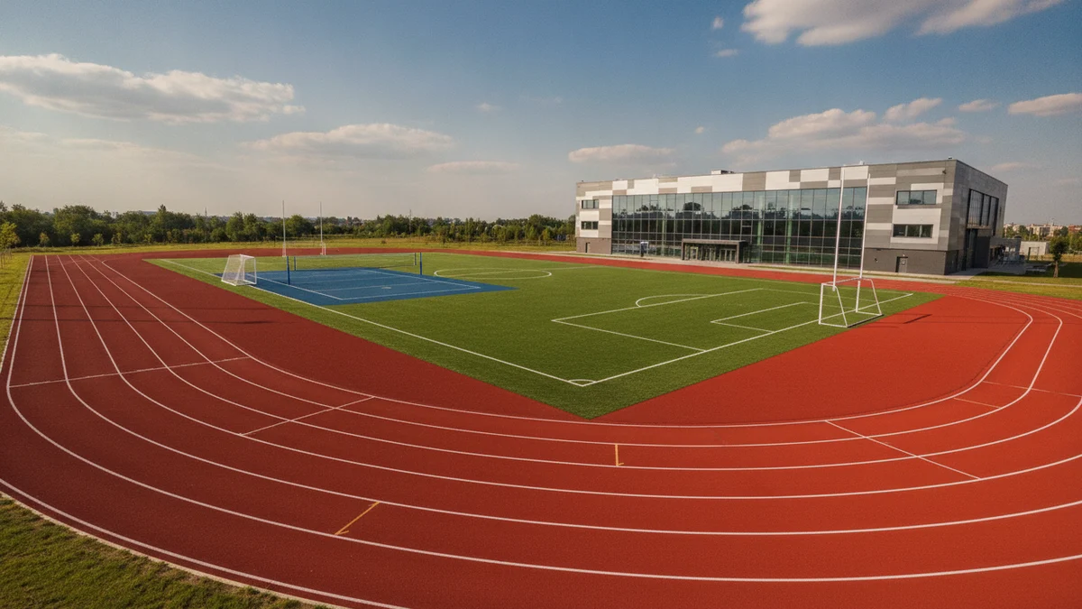 Venkovní sportovní areál s tartanovou dráhou a hřištěm u školy