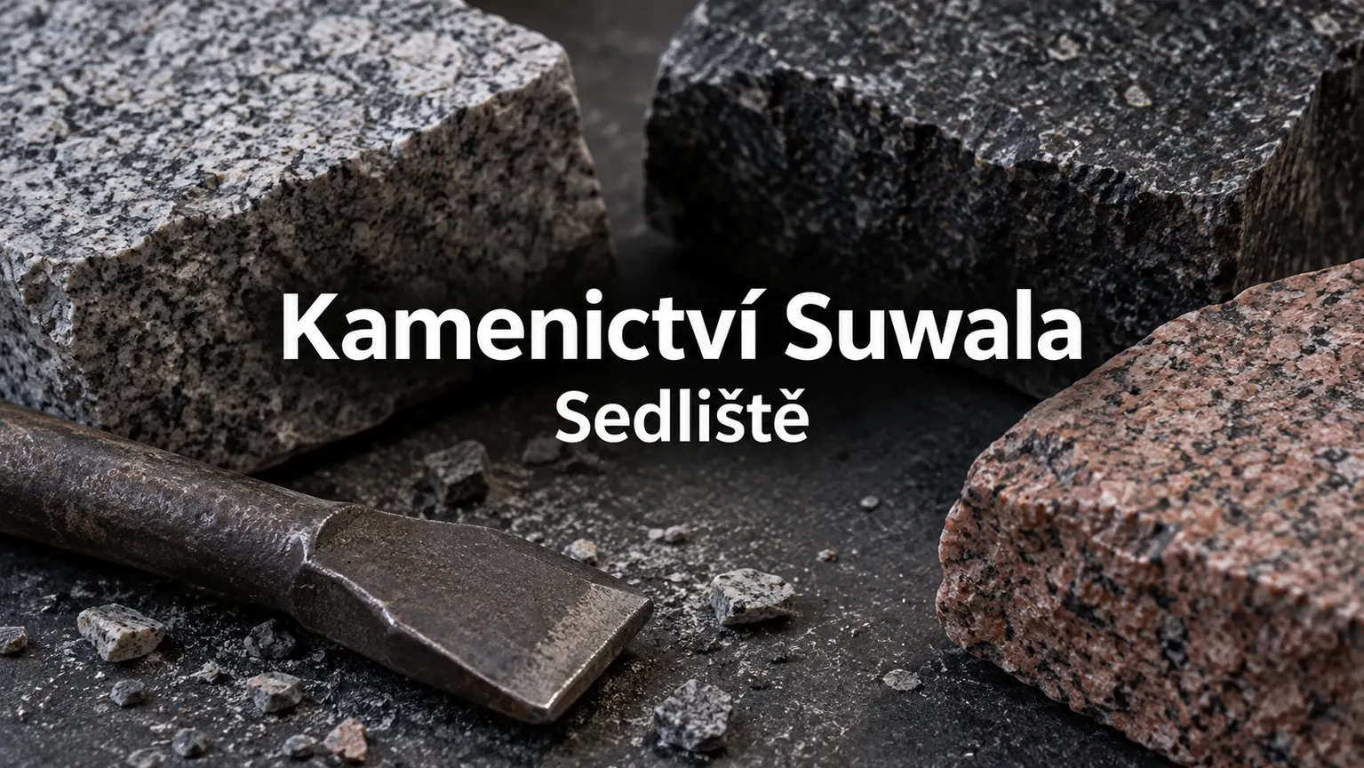 Vzorky žuly a kamenické dláto – Kamenictví Suwala, Sedliště