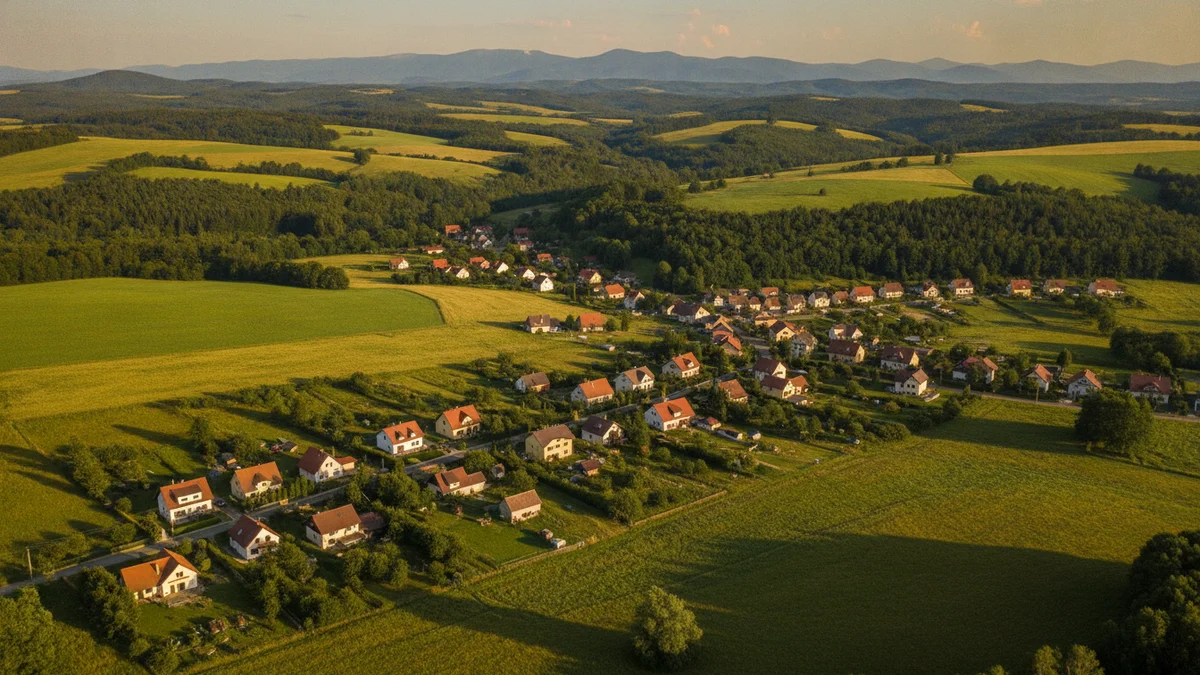Malá vesnice mezi poli a lesy v podhůří Beskyd