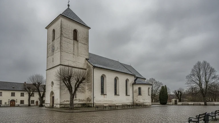 Kostel s vysokou hranolovou věží