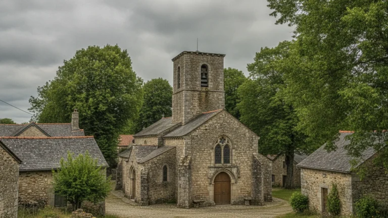 Věž venkovského kostela nad střechami