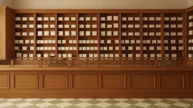 Regály lékárny s krabičkami