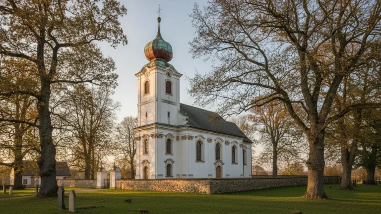 Barokní venkovský kostel s věží a hřbitovní zdí