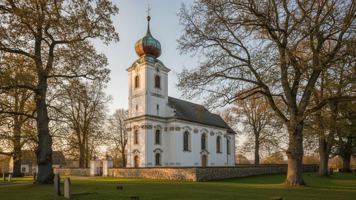 Barokní venkovský kostel s věží a hřbitovní zdí