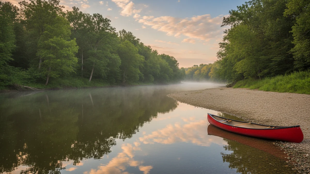 Meandrující řeka s lužním lesem a kánoí