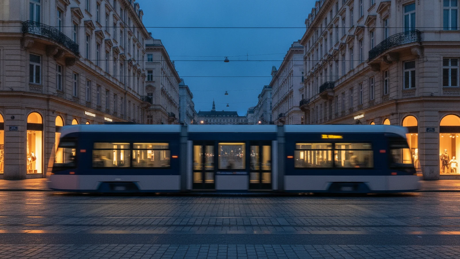 Tramvaj na ulici ve večerním městě