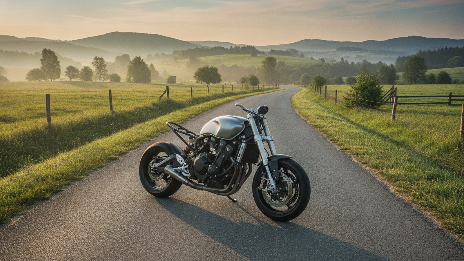 Motocykl na silnici v podhůří Beskyd