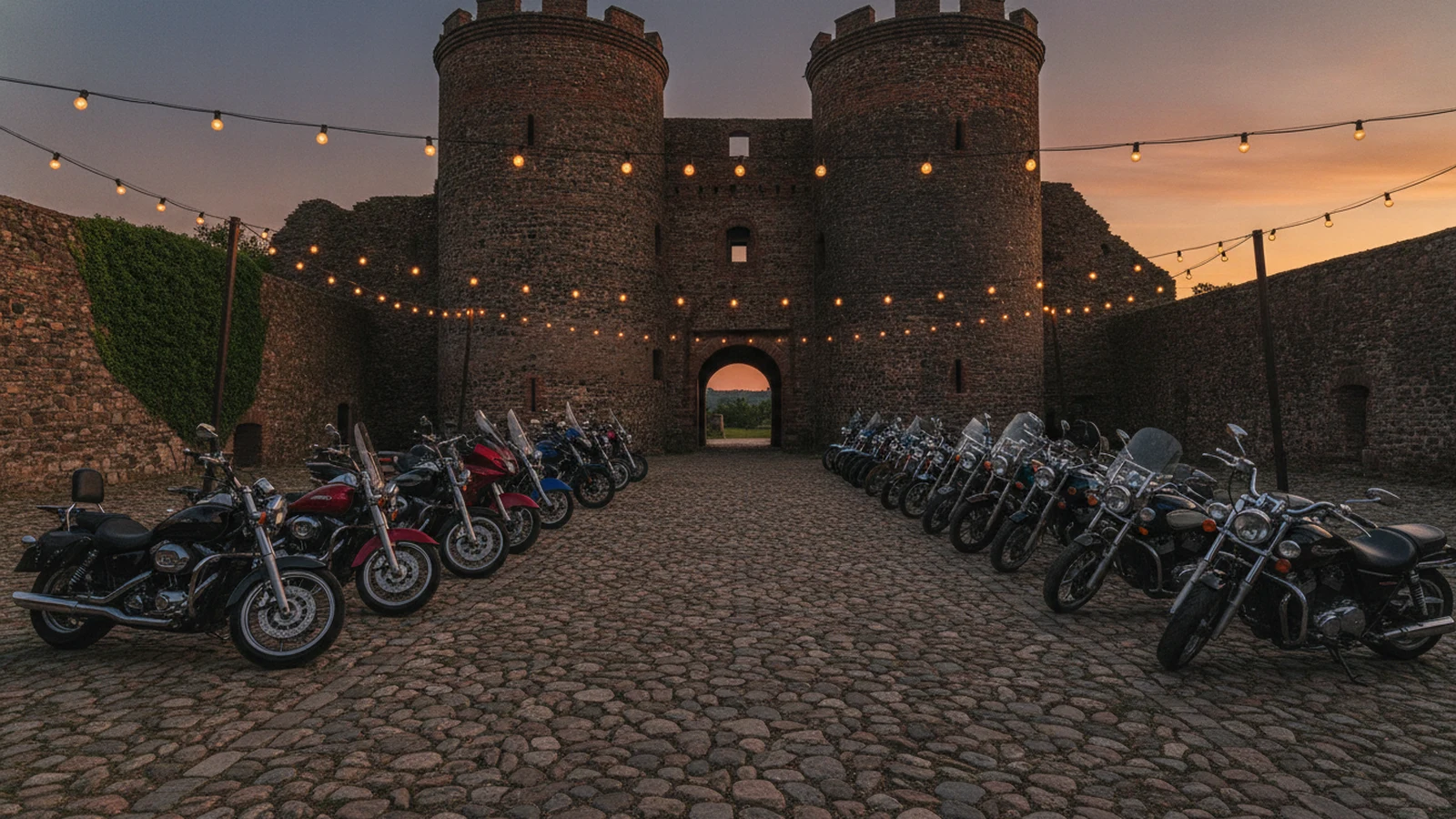 Motocykly zaparkované na nádvoří u hradu
