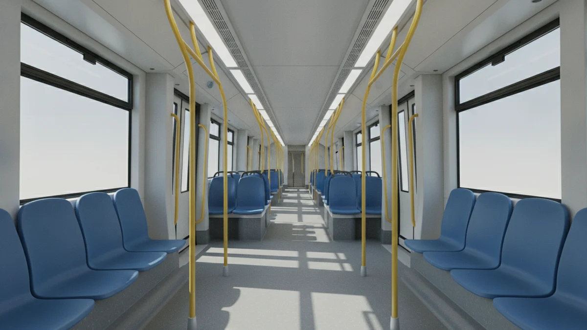 Interiér tramvaje s madly a sedadly