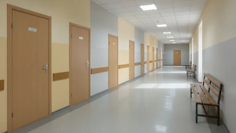 Chodba polikliniky s řadou dveří ordinací a lavicí