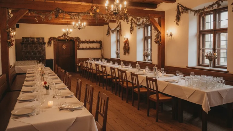 Sál restaurace připravený na oslavu v Píšti