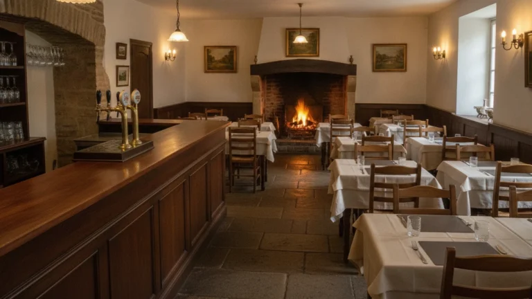 Výčep restaurace s dřevěnými stoly