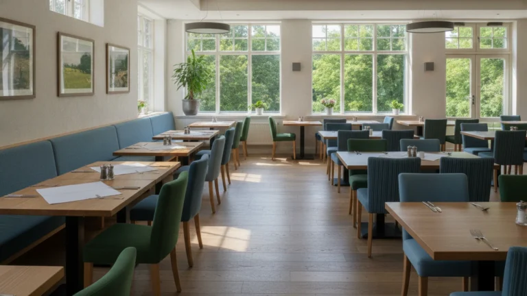 Jídelna restaurace s okny do zeleně