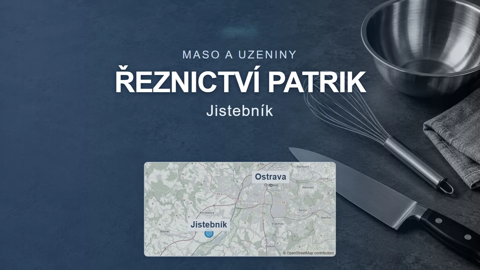 Řeznictví Patrik, Jistebník – obecný tematický motiv a orientační mapa obce u Ostravy