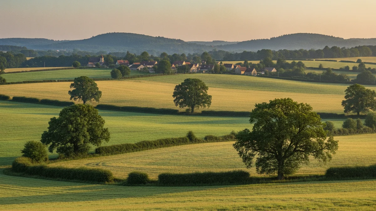Mírně zvlněná krajina s poli, remízky a vesnicí v dálce