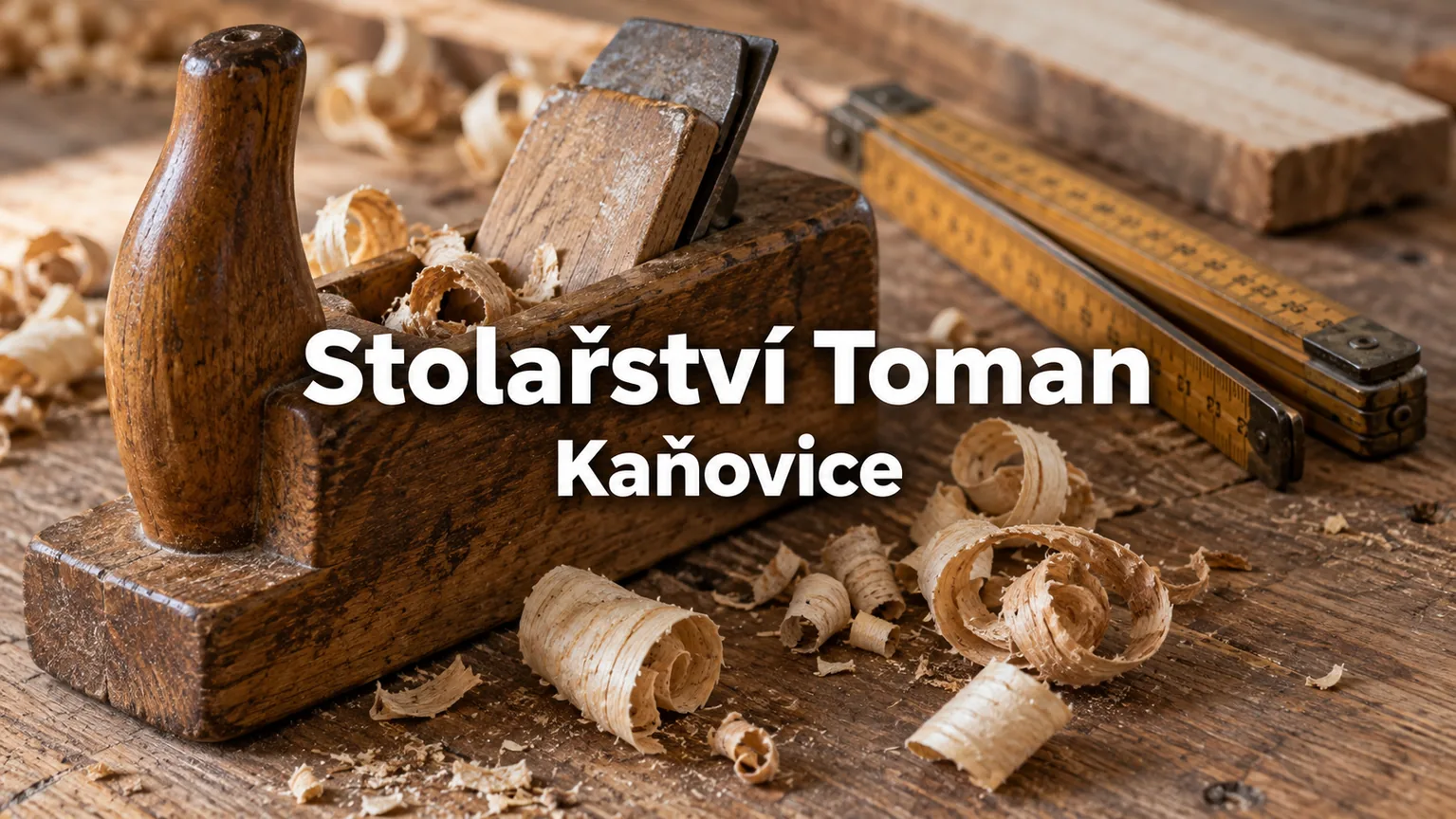 Hoblík, dřevěné hobliny a metr – Stolařství Toman, Kaňovice