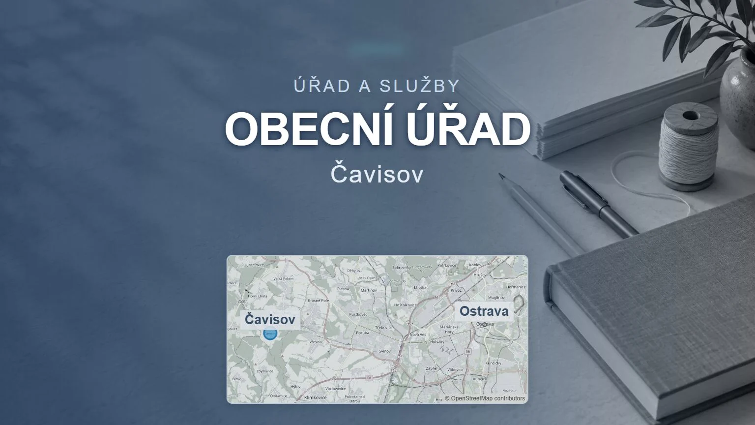 Obecní úřad, Čavisov – obecný tematický motiv a orientační mapa obce u Ostravy