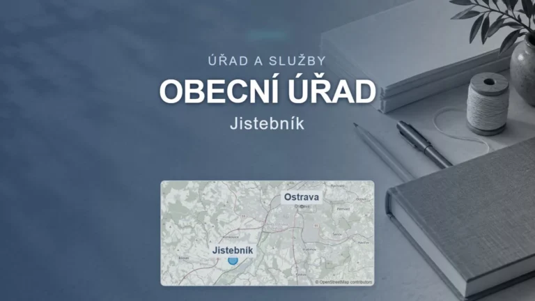 Obecní úřad, Jistebník – obecný tematický motiv oboru a orientační mapa obce u Ostravy