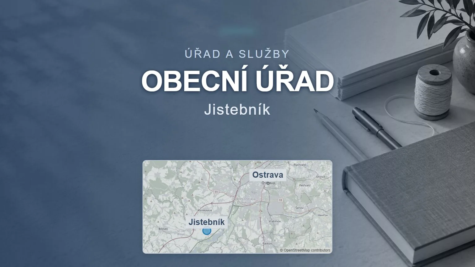Obecní úřad, Jistebník – obecný tematický motiv oboru a orientační mapa obce u Ostravy