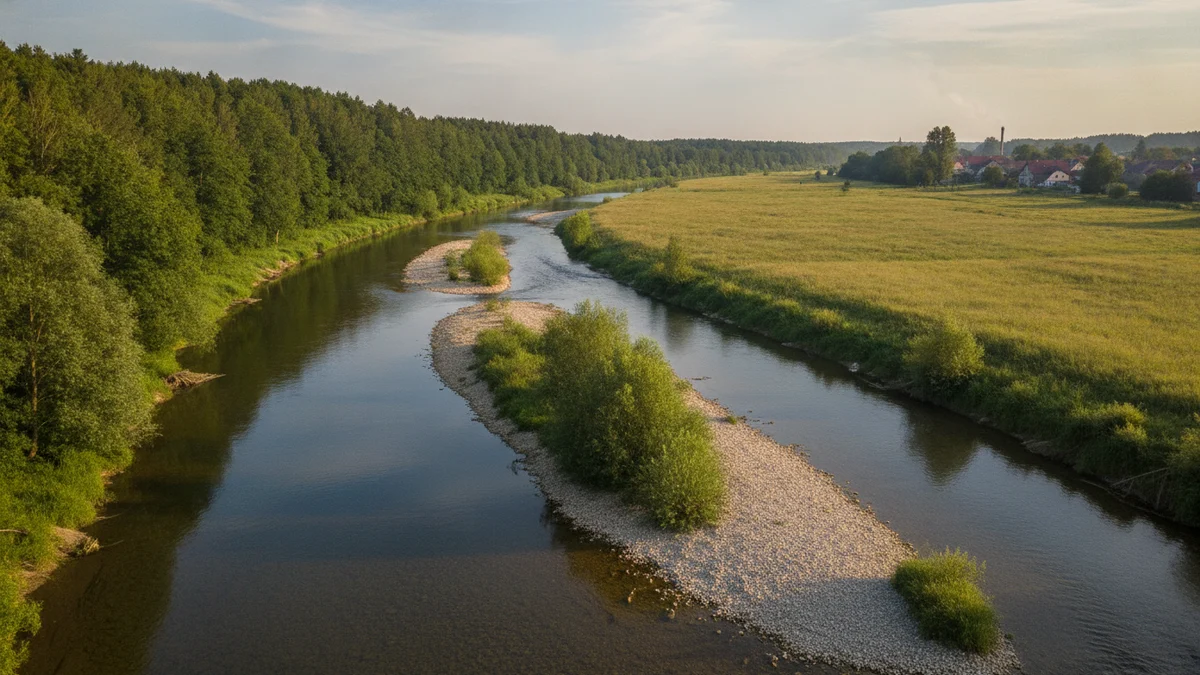 Nížinná řeka s štěrkovými náplavy a lužním porostem u vesnice
