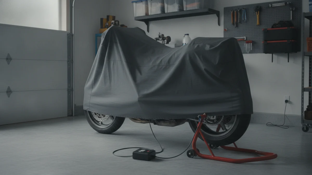 Motocykl pod ochrannou plachtou v garáži