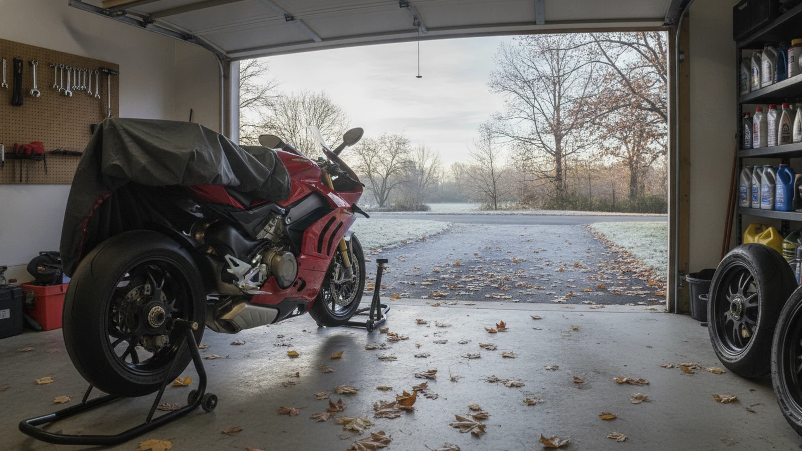 Motocykl v garáži na podzim