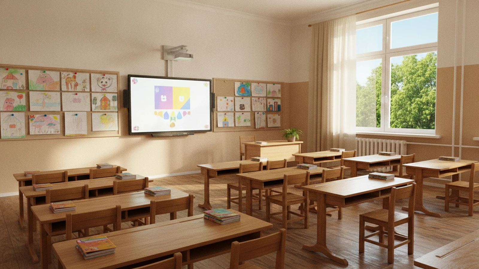 Třída malotřídní vesnické školy s lavicemi a interaktivní tabulí
