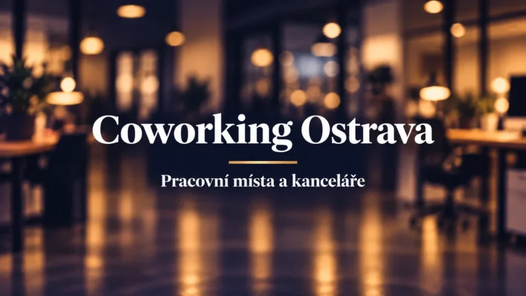 Coworking Ostrava: bílý název a zlatá linka na tmavém rozostřeném pracovním pozadí