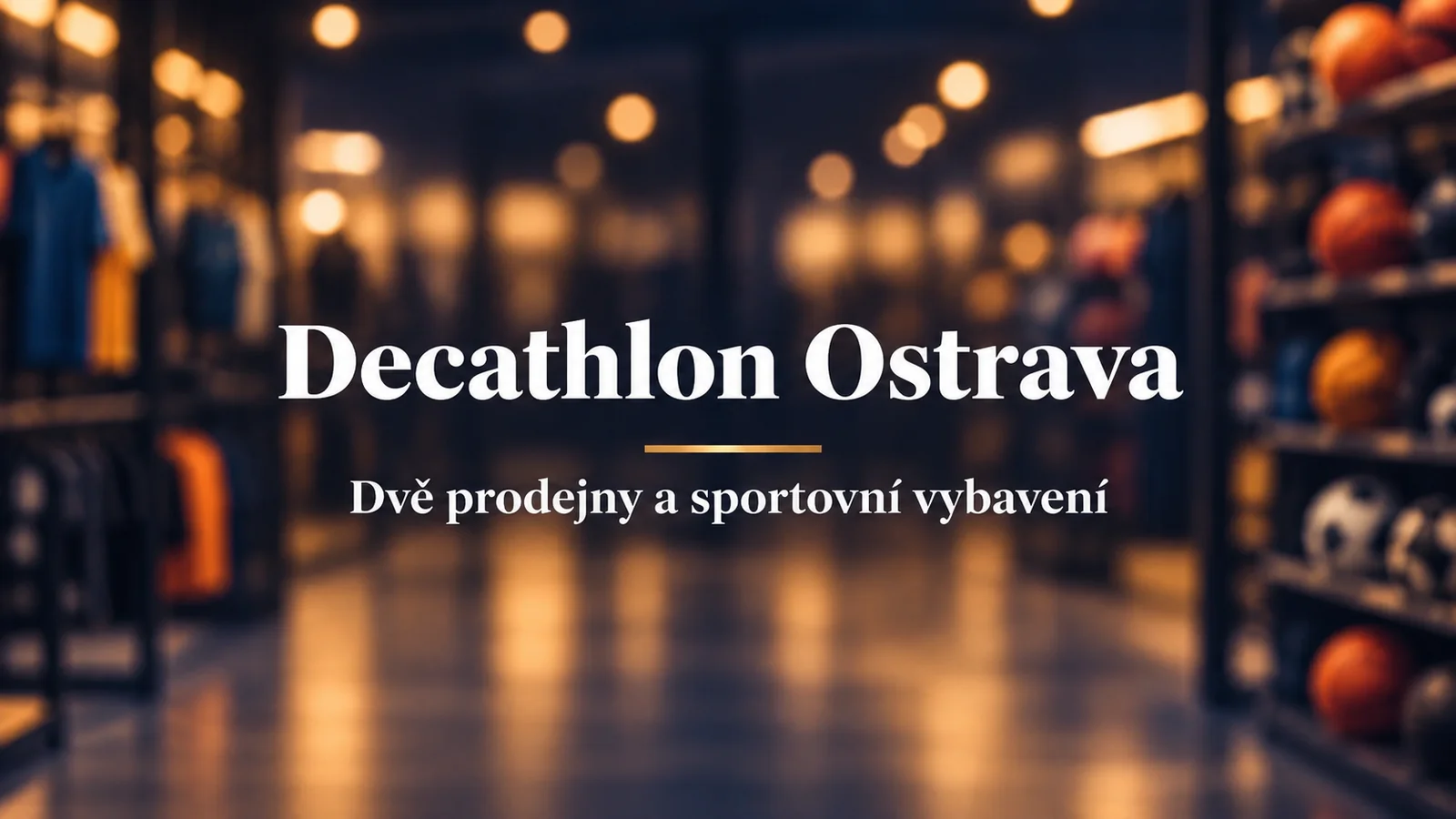 Decathlon Ostrava: dvě prodejny a sportovní vybavení, bílý název na rozostřeném nákupním pozadí