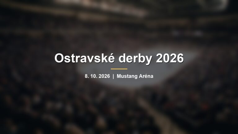 Rozmazaná zaplněná hokejová hala s nápisem Ostravské derby 2026