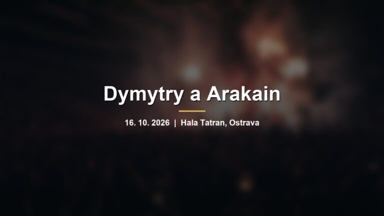 Rozmazaná koncertní hala s davem a červenými světly pódia s nápisem Dymytry a Arakain
