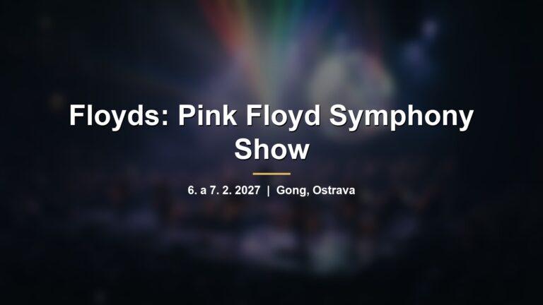 Rozmazané pódium s kapelou a orchestrem v barevných laserových paprscích s nápisem Floyds: Pink Floyd Symphony Show