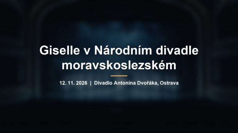 Rozmazané baletky v bílých tutu v modrém světle s nápisem Giselle v Národním divadle moravskoslezském