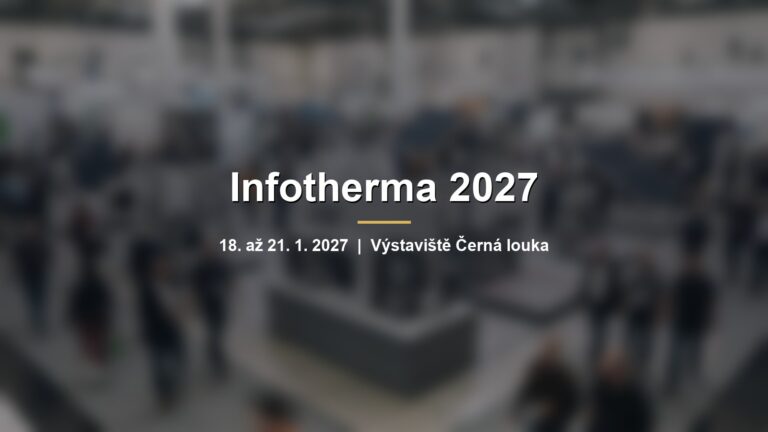 Rozmazaná výstavní hala s expozicemi topení a návštěvníky s nápisem Infotherma 2027