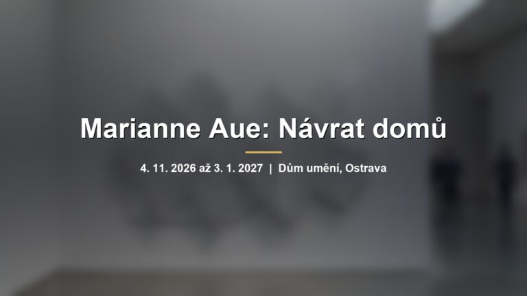 Rozmazaný bílý geometrický reliéf s tyčovými prvky vrhajícími stíny na stěnu galerie s nápisem Marianne Aue