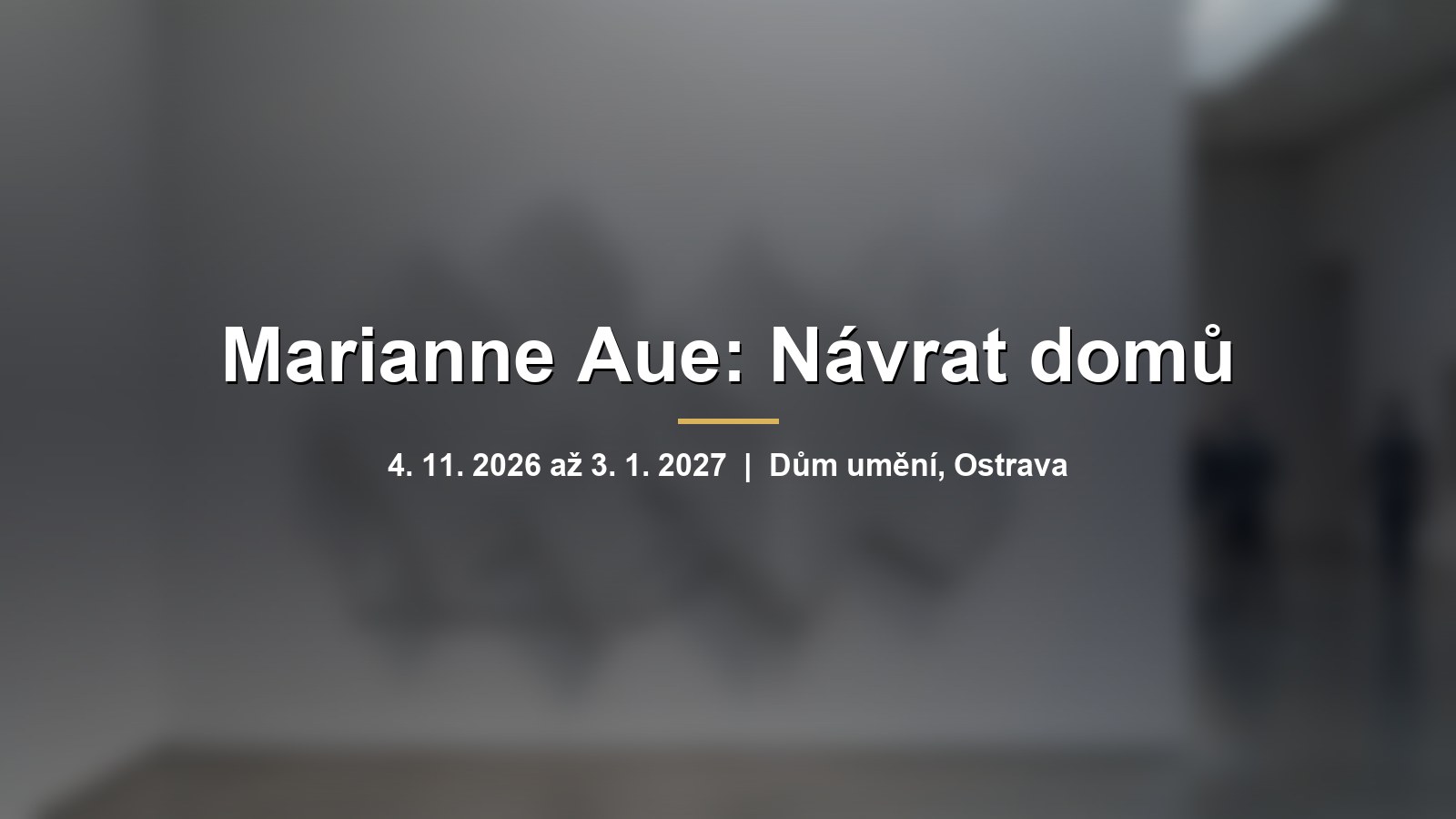 Rozmazaný bílý geometrický reliéf s tyčovými prvky vrhajícími stíny na stěnu galerie s nápisem Marianne Aue