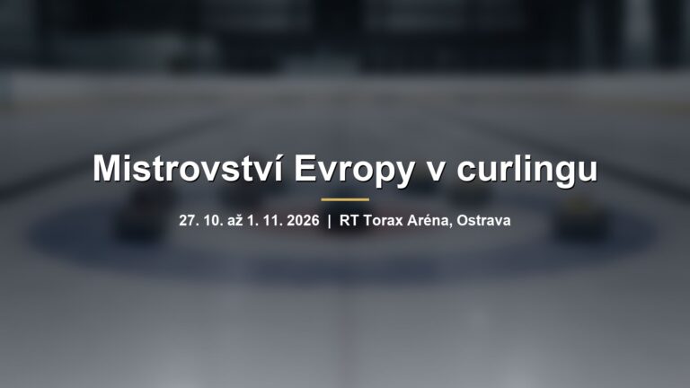 Rozmazaná ledová plocha s curlingovými kameny a nápisem Mistrovství Evropy v curlingu