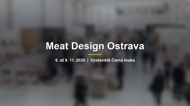 Rozmazaná výstavní hala s nábytkem a módou s nápisem Meat Design Ostrava