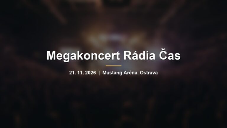 Rozmazaná koncertní hala s obrazovkami a nápisem Megakoncert Rádia Čas