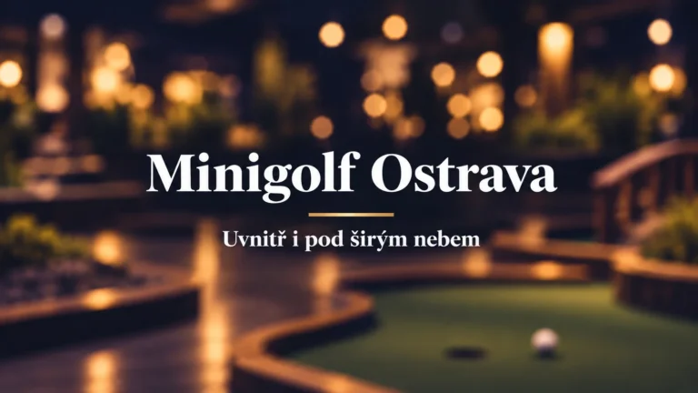 Minigolf Ostrava, uvnitř i pod širým nebem: bílý název na tmavém rozostřeném pozadí
