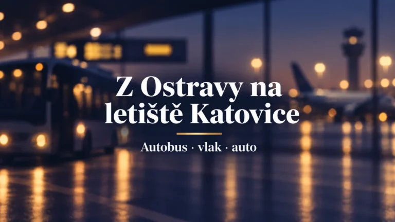 Z Ostravy na letiště Katovice, autobus vlak a auto: bílý název na rozostřeném letištním pozadí