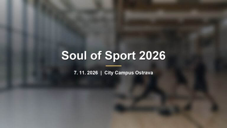 Rozmazaná moderní sportovní hala s posluchači přednášky s nápisem Soul of Sport 2026