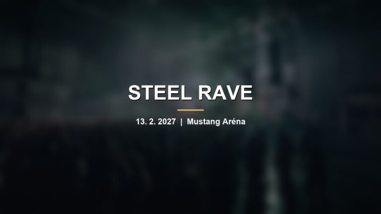 Rozmazaná taneční hala se zelenými lasery a davem pod pódiem s nápisem Steel Rave